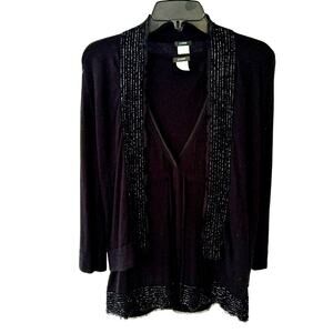 J.Crew Cardigan Set Knit Medium Black Beaded Lambswool Cashmere Angora Glam Punk